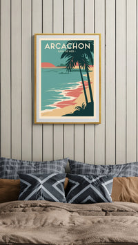 Affiche Plage palmier coucher de soleil Arcachon