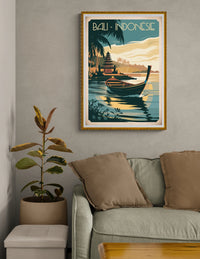 Affiche Bali Indonésie pirogue temple tropical