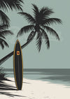 Affiche planche de surf sur plage tropicale