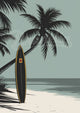 Affiche planche de surf sur plage tropicale