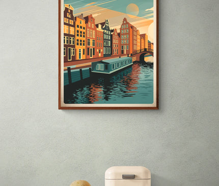Affiche péniche canal rétro Amsterdam