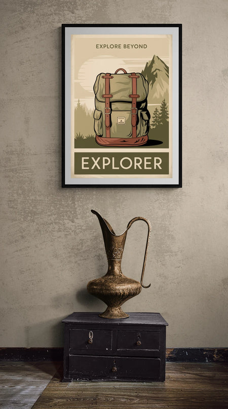 Affiche sac à dos explorateur vintage