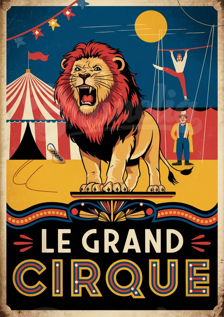 Affiche Le Grand Cirque lion acrobate style rétro