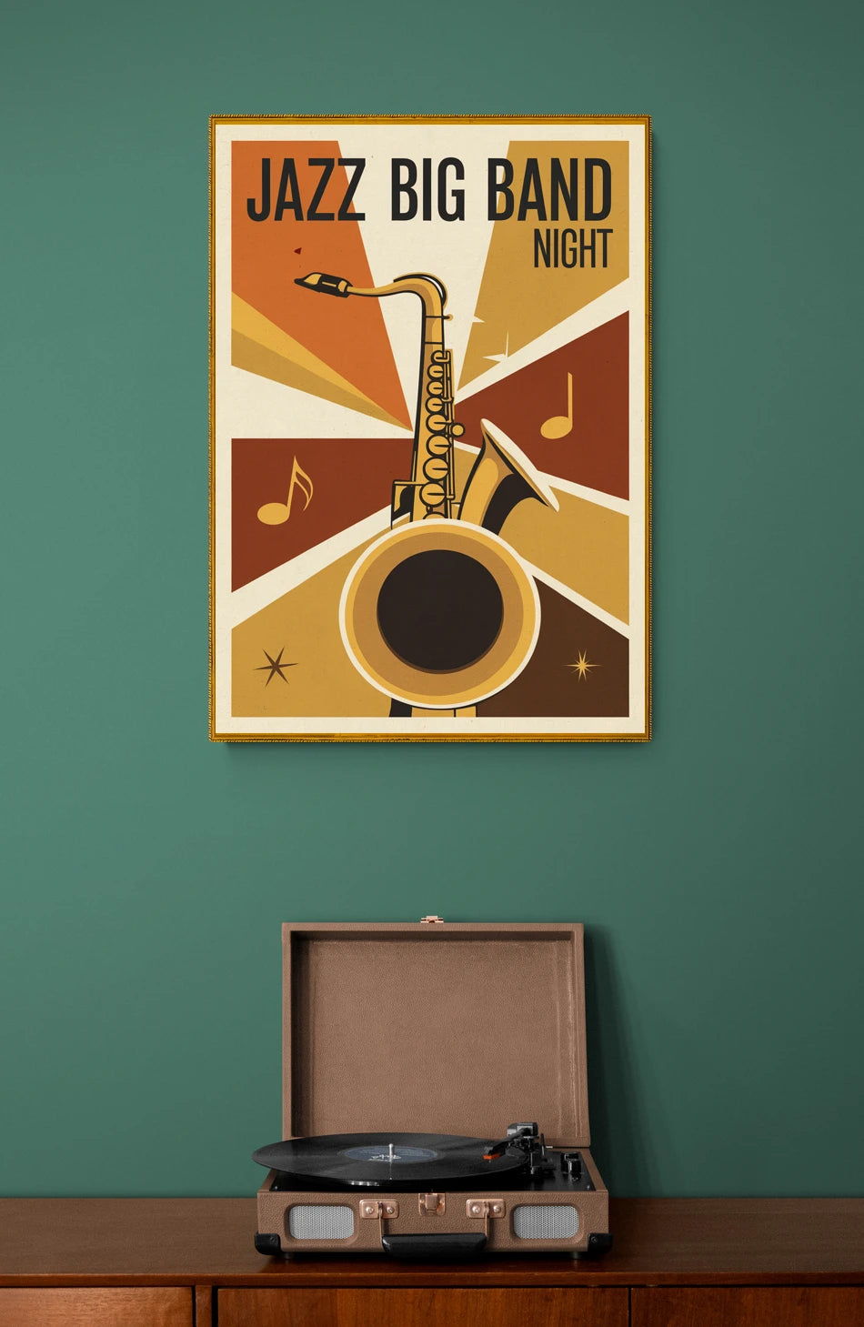 Mise en situation de Affiche Big Band Night saxophone doré Art déco Jazz