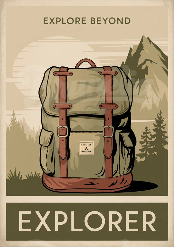 Affiche sac à dos explorateur vintage