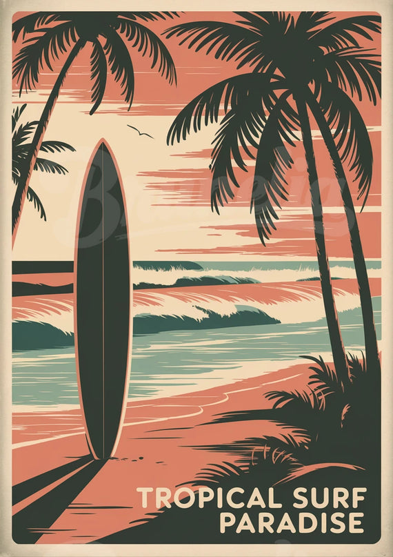 Affiche vintage surf et palmier
