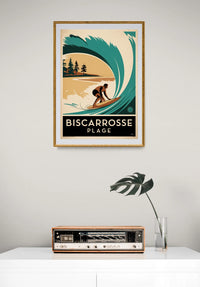 Affiche Biscarrosse Plage surfeur vague Art Déco