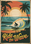 Affiche surfeur tropical coucher de soleil rétro