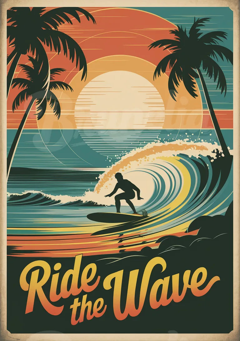 Affiche surfeur tropical coucher de soleil rétro