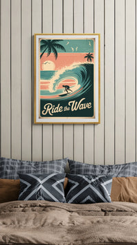 Affiche surfeur vague rétro style Art Déco
