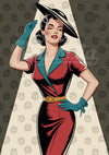 Affiche Rétro Femme Élégante Costume Bordeaux et Accessoires Turquoise