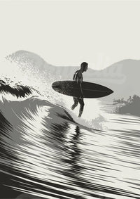 Affiche surfeur et vagues montagneuses en noir blanc