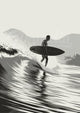 Affiche surfeur et vagues montagneuses en noir blanc