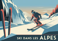Affiche rétro skieur en descente dans les Alpes