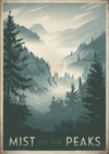 Affiche forêt montagneuse brumeuse style rétro