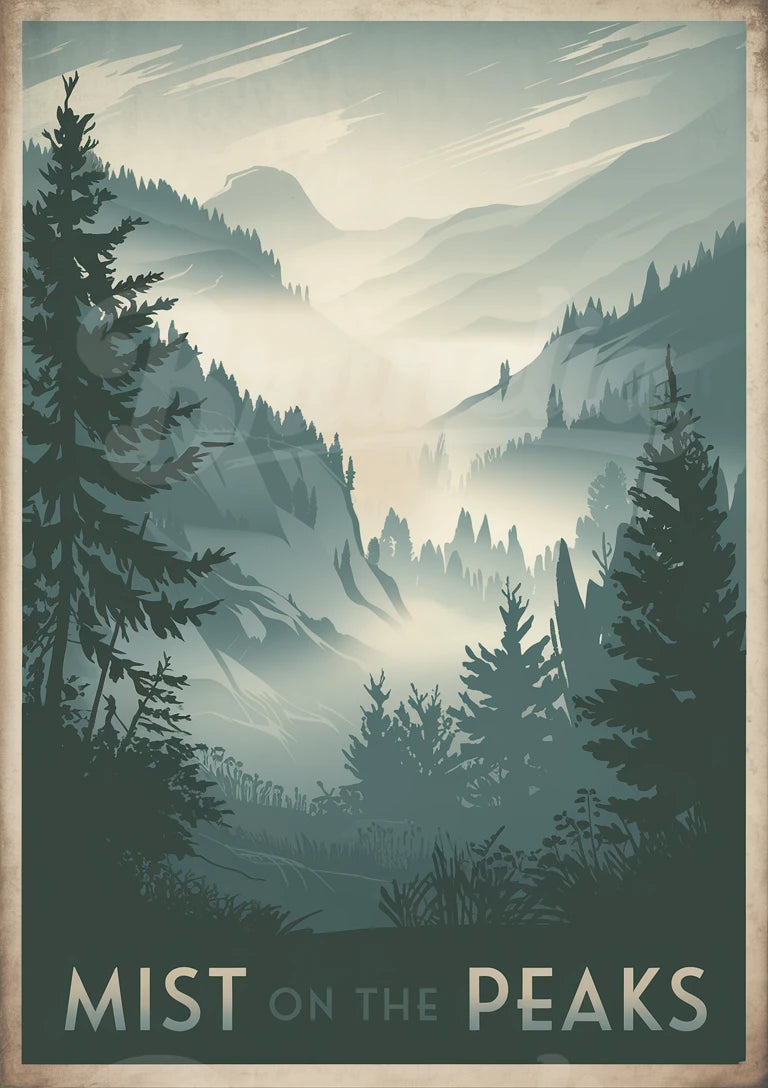 Affiche forêt montagneuse brumeuse style rétro