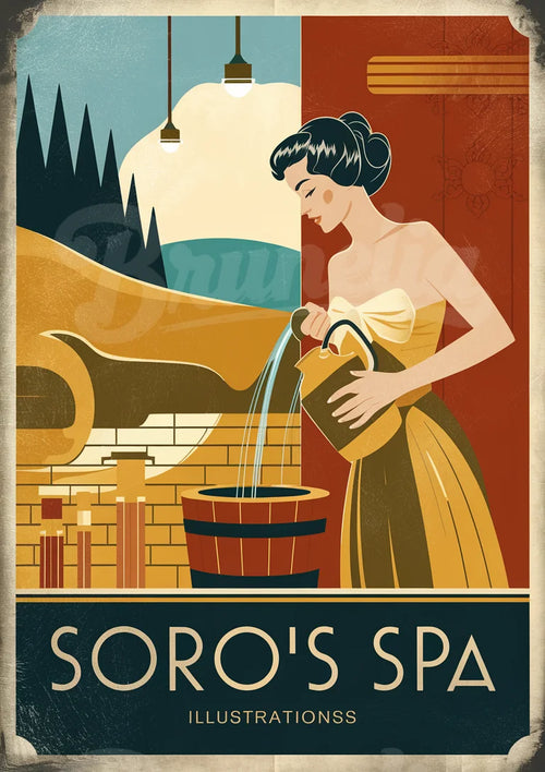 Affiche Soro's Spa femme versant l'eau thermale Art déco