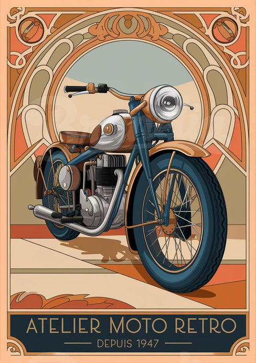 Affiche Atelier Moto Retro années 1940 style Art Déco