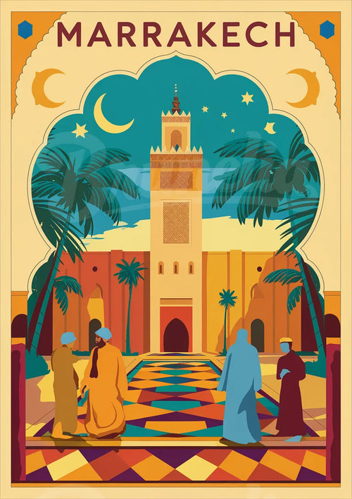 Affiche Marrakech la nuit et son minaret illuminé