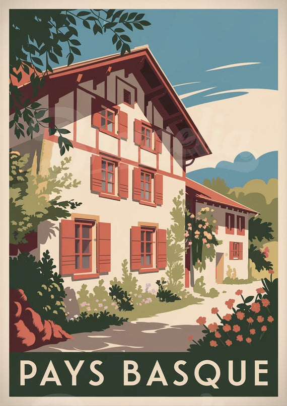 Affiche vintage maison basque à colombages