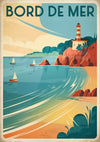 Affiche Phare côtier Art Déco sur falaise avec voiliers