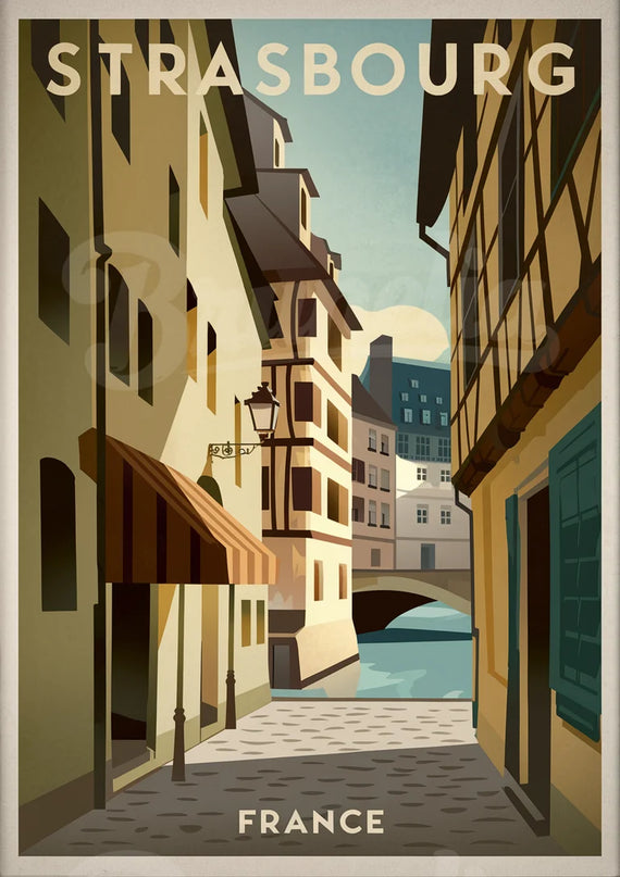 Affiche ruelle pavée vintage Strasbourg