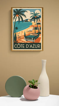 Affiche Côte d'Azur décapotable et architecture balnéaire