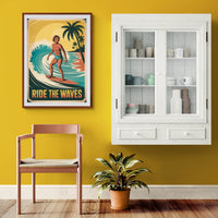 Affiche rétro surfeur tropical années 1950