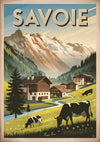 Affiche Alpes avec vaches et chalets montagnards Savoie