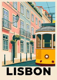 Affiche Tramway jaune et architecture colorée Lisbonne