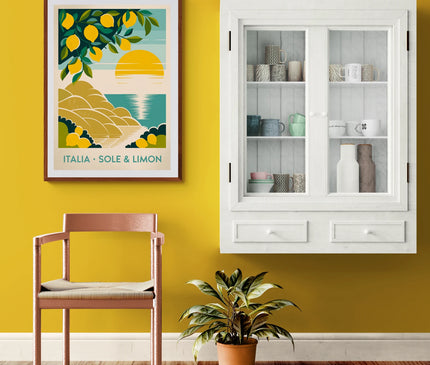 Affiche vintage citronnier et soleil italien