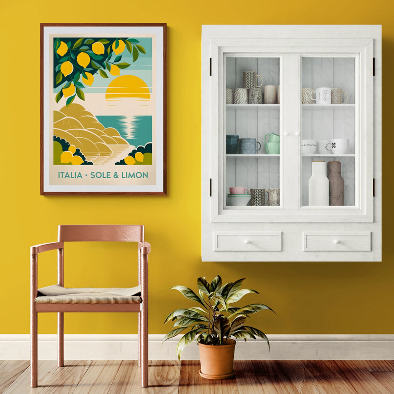 Affiche vintage citronnier et soleil italien