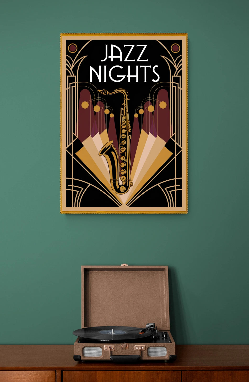 Affiche Nights décor Art Déco saxophone doré Jazz en situation