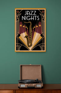 Affiche Nights décor Art Déco saxophone doré Jazz