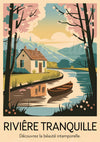 Affiche Rivière Tranquille Cottage et Barque