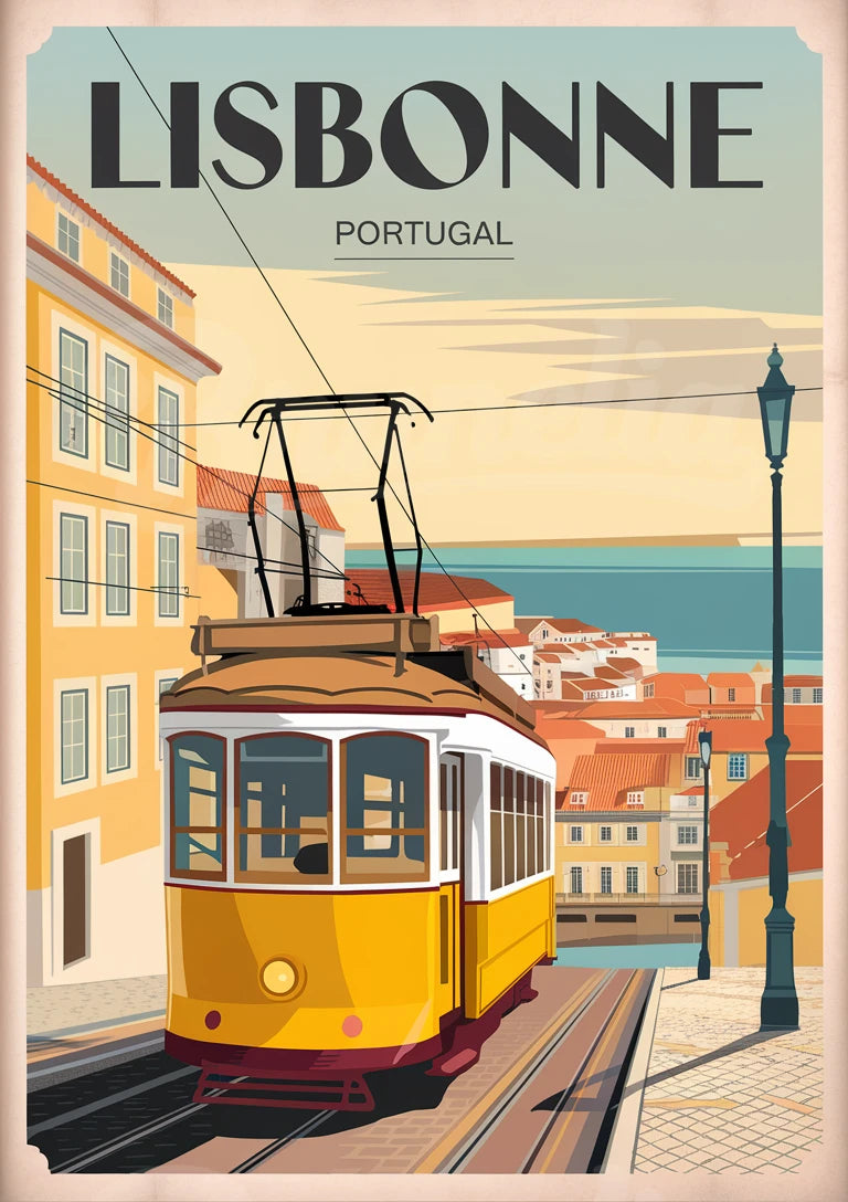 Affiche Tramway jaune 28 ruelle Tage Lisbonne