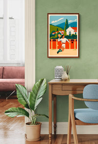 Affiche joueur et village basque vintage