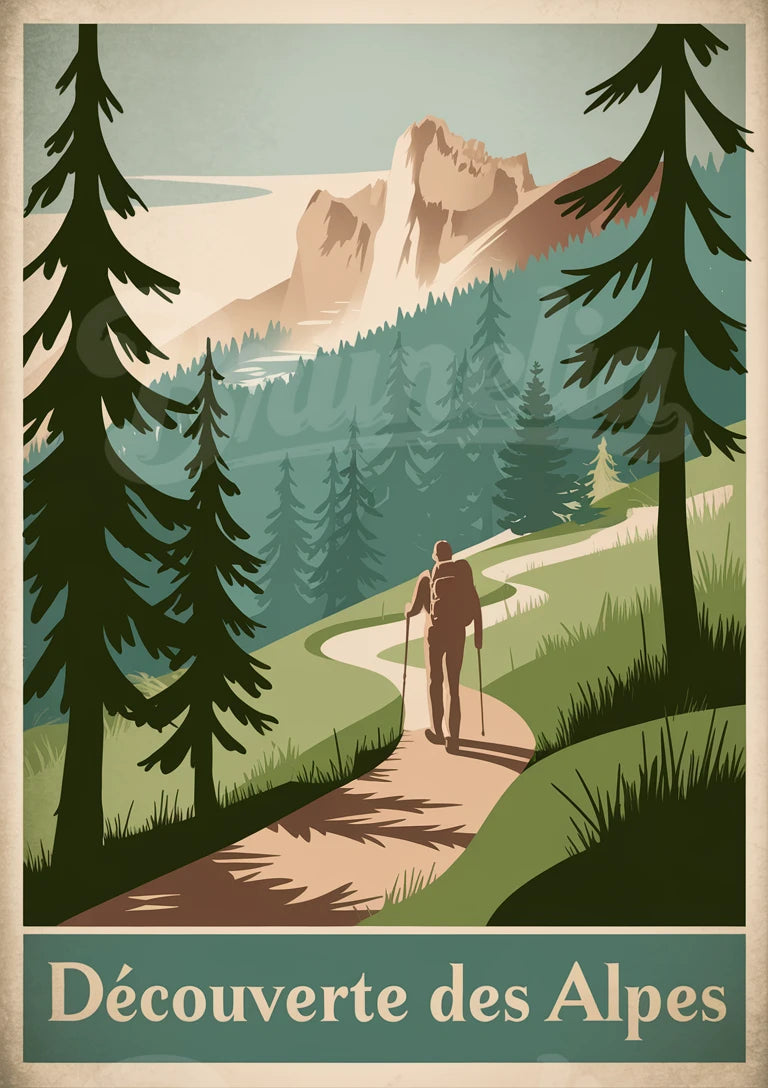 Affiche Découverte des Alpes randonnée montagnarde