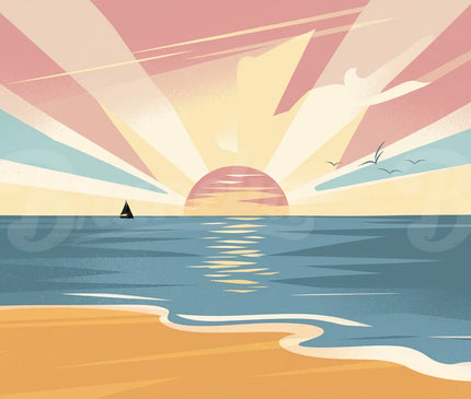 Affiche vintage coucher de soleil en bord de mer