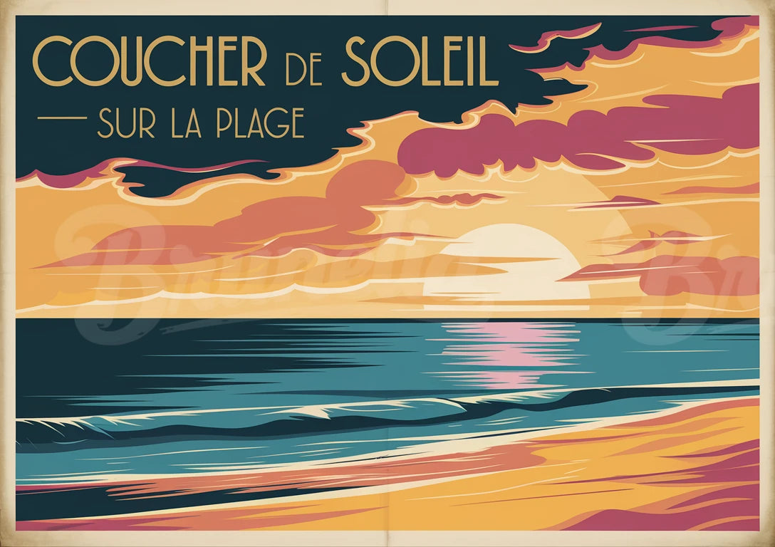 Affiche vintage coucher de soleil sur la plage
