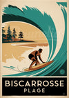 Affiche Biscarrosse Plage surfeur vague Art Déco