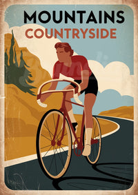 Affiche cycliste en montagne style rétro années 1930