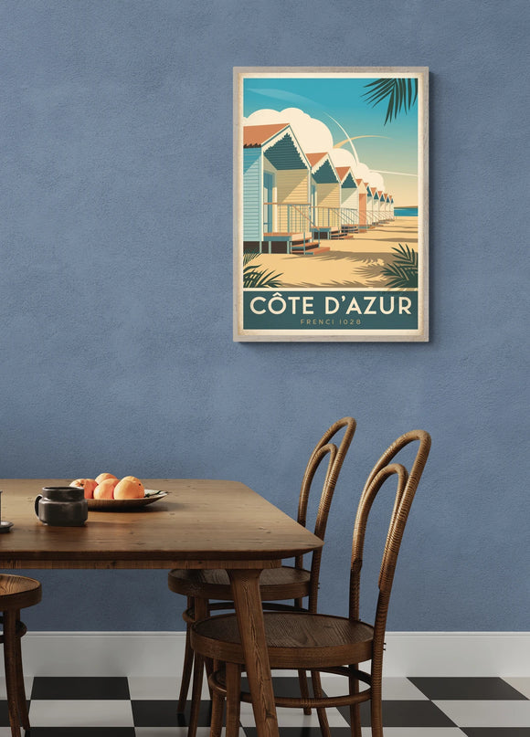 Affiche vintage cabines de plage Côte d’Azur