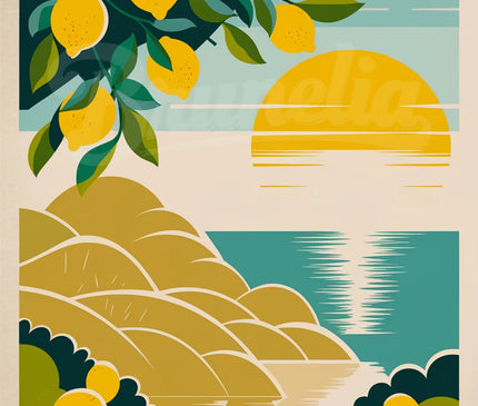 Affiche vintage citronnier et soleil italien