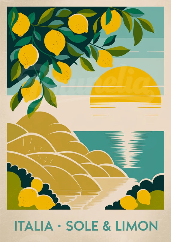 Affiche vintage citronnier et soleil italien