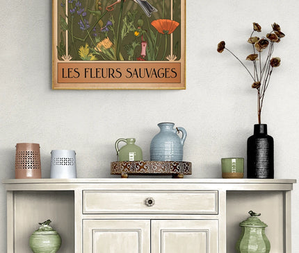 Affiche vintage pinson et fleurs sauvages