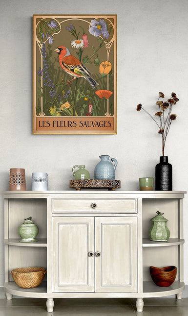 Affiche vintage pinson et fleurs sauvages
