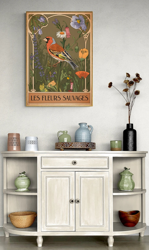 Affiche vintage pinson et fleurs sauvages
