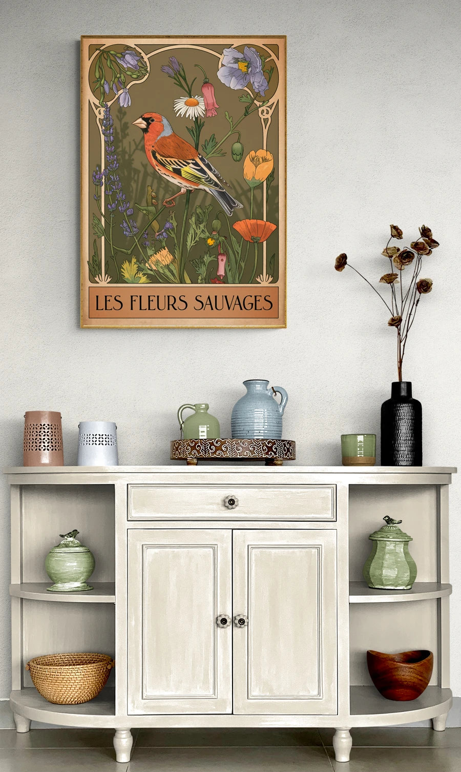 Mise en situation de Affiche cardinal et fleurs sauvages Art Nouveau