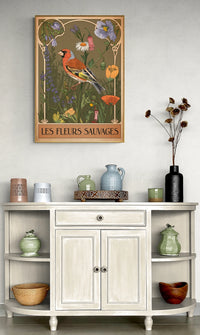 Affiche cardinal et fleurs sauvages Art Nouveau